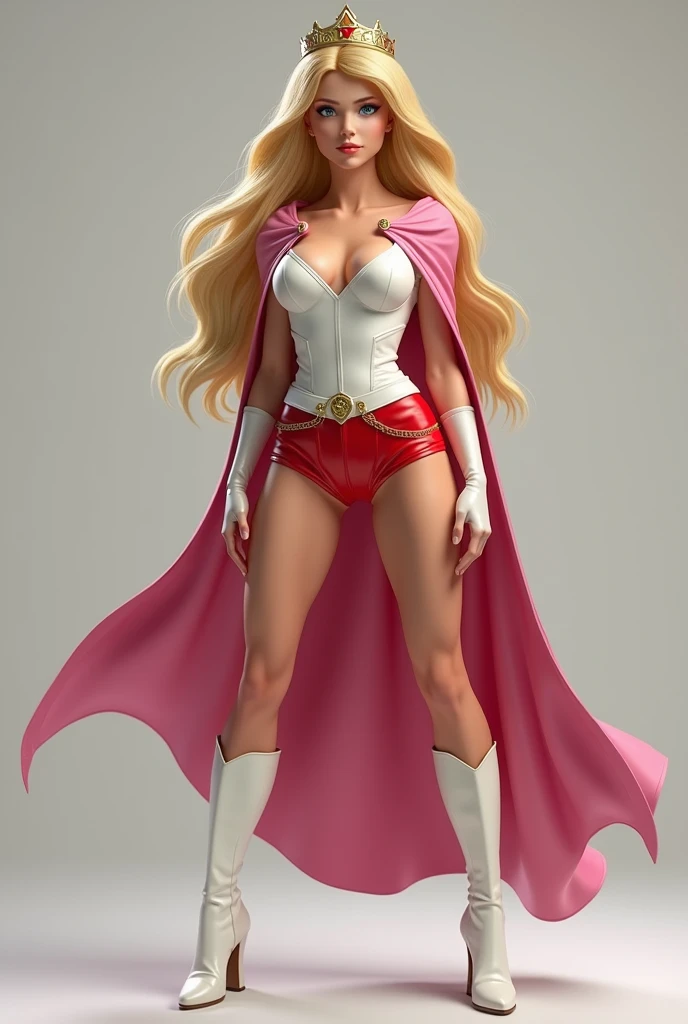 A SEXY LARGE BREASTED YOUNG BLONDE SHE RA WITH BLUE EYES WEARING A WHITE V SHE-RA BLOUSE WITH A SHE-RA EMBLEM ON THE HER CHEST, SHE-RA TIARA, A PAIR OF RED LEATHER SHORTS WITH A WHITE LEATHER BELT, TALL WHITE HEELED BOOTS, AND A LONG PINK CAPE. FULL SHE-RA ACCESSORIES, PHOTO REALISTIC, HYPER DETAILED AND TEXTURES