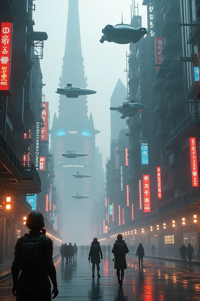 Cyberpunk russian city futuristic lying cars, cyborgs spaceships