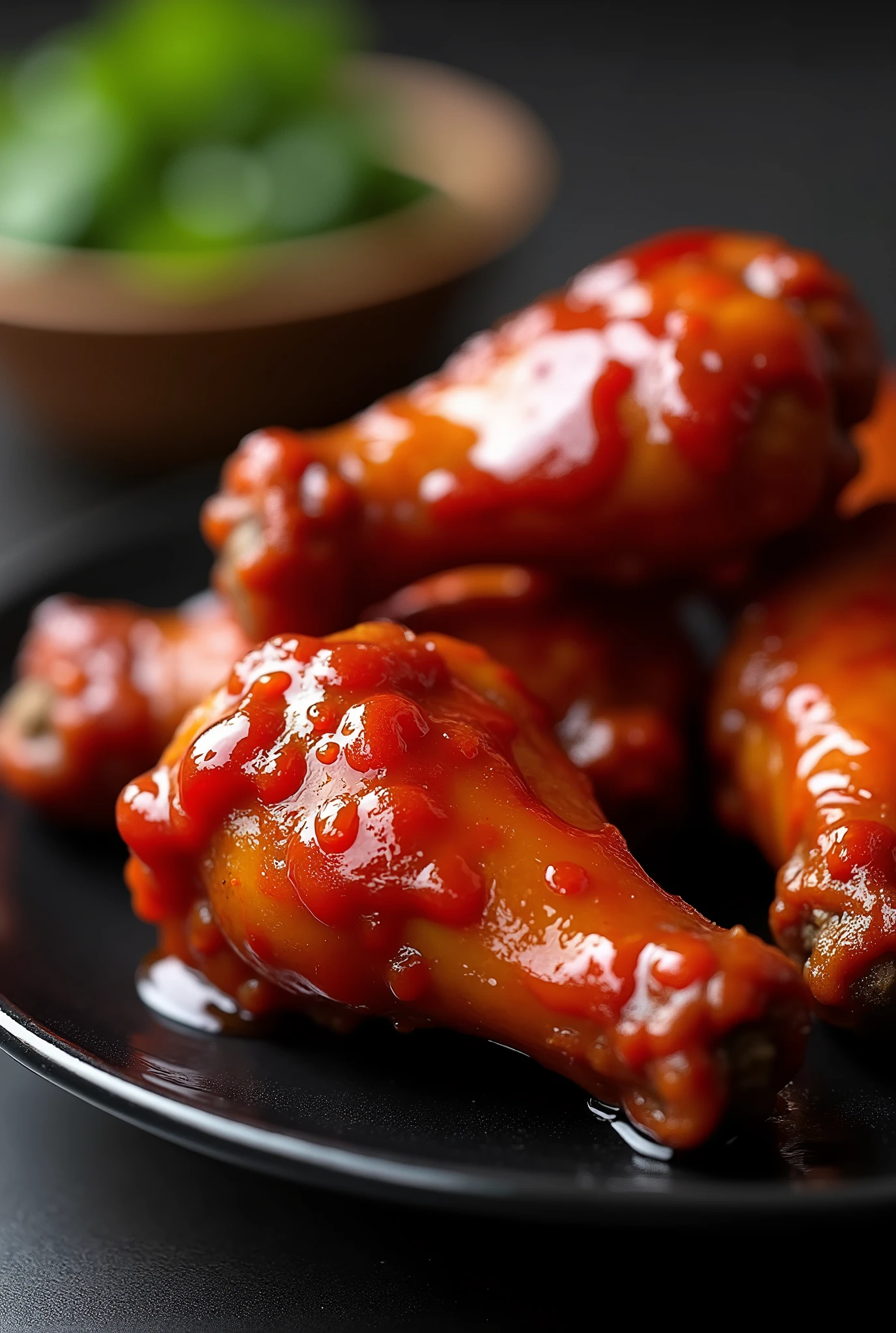 Create a close-up image of juicy BBQ chicken wings that are richly glazed with a vibrant red sauce. The wings should be glistening and look incredibly succulent. They are arranged on a sleek, black plate with a glossy finish. The background should be softly blurred to emphasize the glossy, appetizing texture and rich color of the wings.