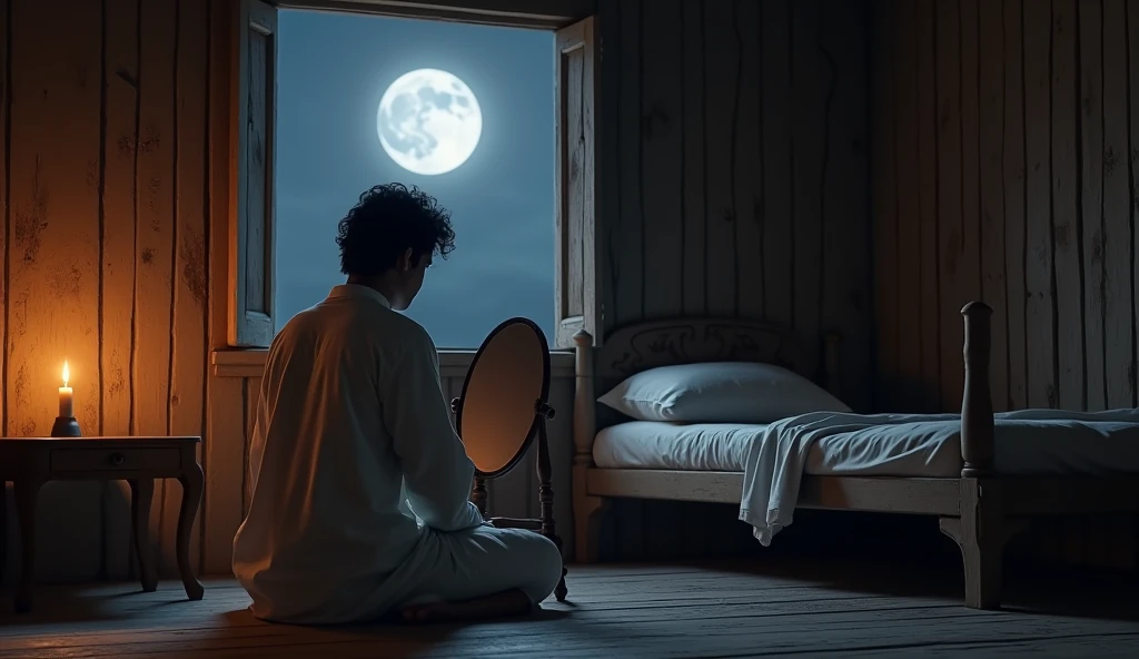 (photorealism:1.2), (photorealism:1.2), (photorealism:1.2), Man in dhoti kurta, man sitting on a chair in front of a table, Mirror on the table, man facing the mirror, wearing a white kurta, white dhoti, man black hair, inside a dark rented old wooden room, only a candle light, wooden walls, first floor room, night time, open window with moonlight, bed with white sheet and pillow on, sitting pose, realistic, intricate details, warm colors