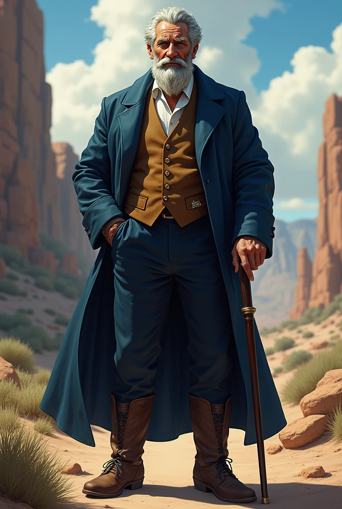 I would like an elderly man with a distinguished appearance, with gray hair and beard. His beard consists of just a mustache and the sides. He looks wise and powerful. He dresses elegantly, wearing a navy blue overcoat, a vest, and a dress shirt. He has a watch hanging, brown pants, boots, and holds a cane. I would like him to have a mature style and for the art to be in a fantasy RPG style set in the Old West.