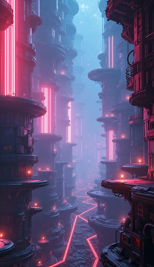 a technological maze in the universe, futuristic sci-fi landscape, ethereal energy fields, glowing neon structures, intricate machinery, floating platforms, complex circuitry, holographic displays, dynamic lighting effects, cinematic camera angle, digital art, 8k, high quality, photorealistic, intricate details, stunning visuals, vibrant colors, dramatic lighting, seamless composition