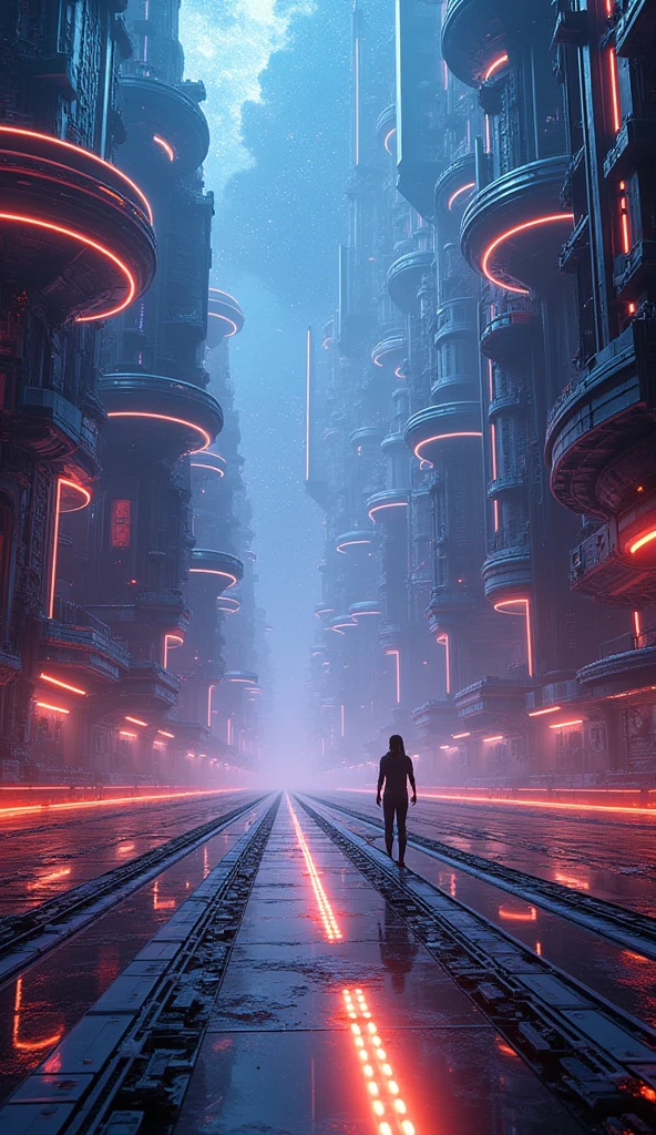 a technological maze in the universe, futuristic sci-fi landscape, ethereal energy fields, glowing neon structures, intricate machinery, floating platforms, complex circuitry, holographic displays, dynamic lighting effects, cinematic camera angle, digital art, 8k, high quality, photorealistic, intricate details, stunning visuals, vibrant colors, dramatic lighting, seamless composition