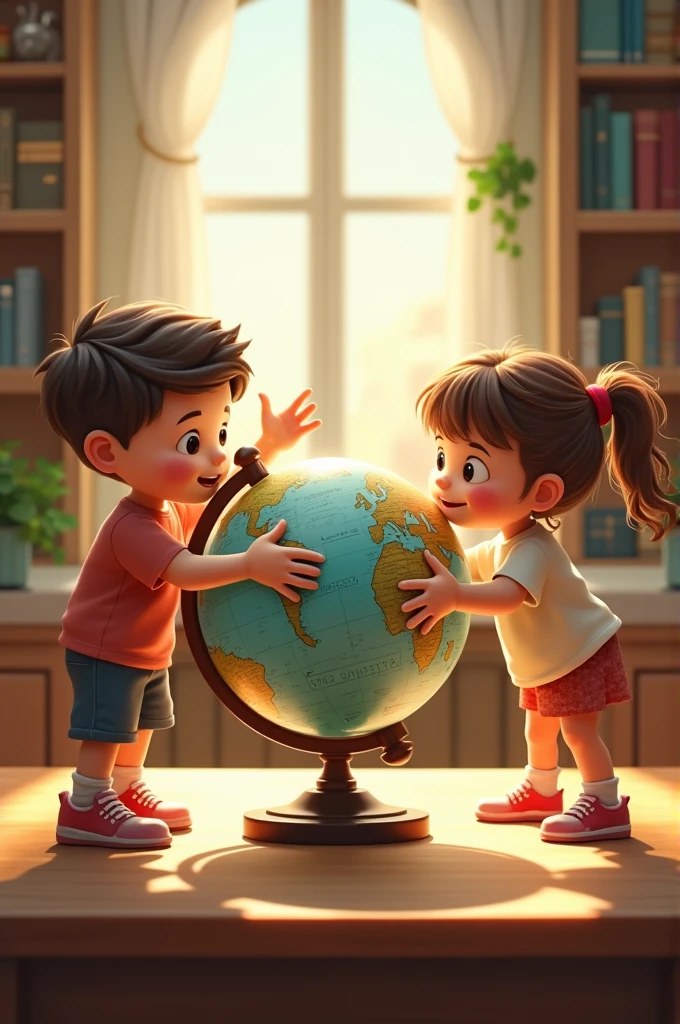 Two boy and girl playing with globe
