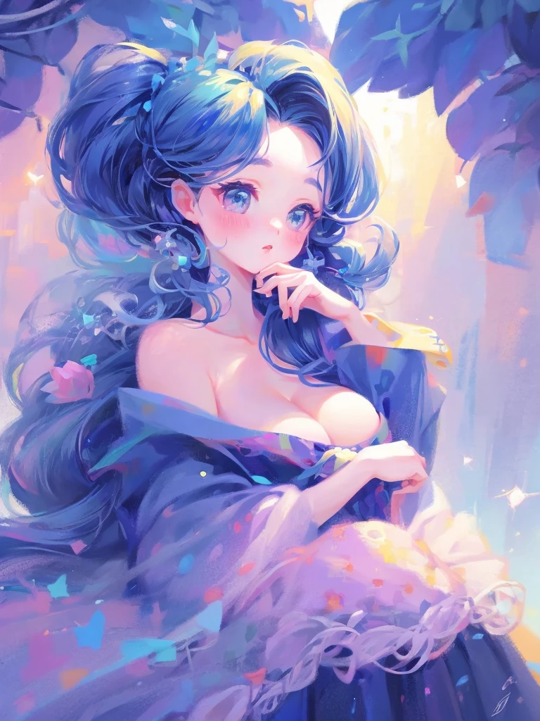 Highest quality、Very detailed、Beautiful girl、Beautiful cleavage、Hair with a blue and black gradient、Beautiful expression、cute、pop、colorful