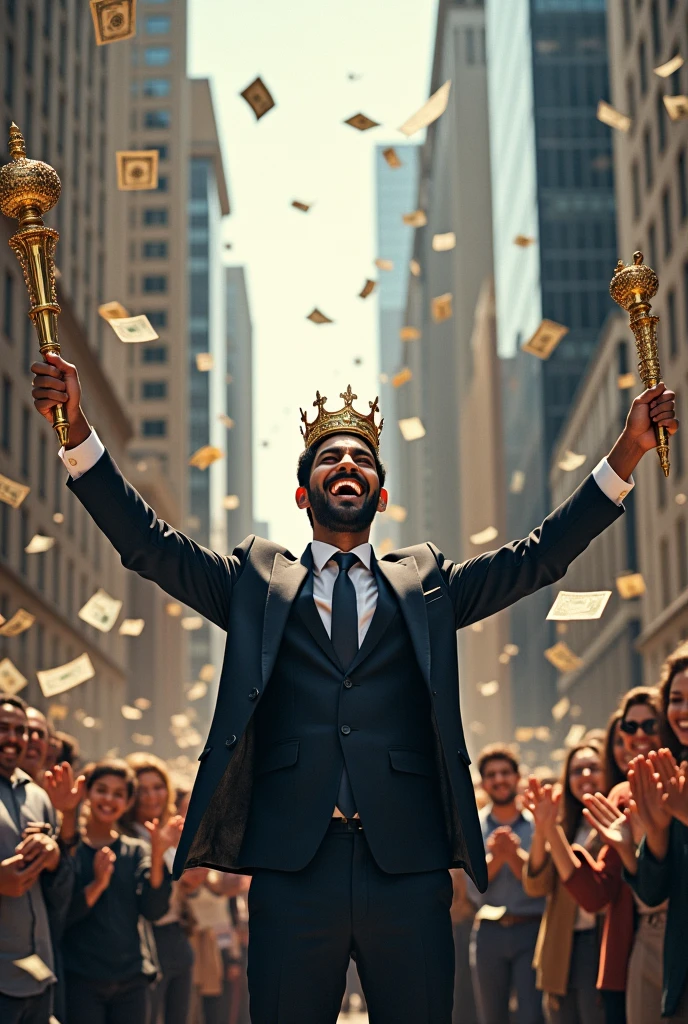 A young indian man in suit who is laughing loudly having a crown on his head and emperor stick in his hand in air who has made one million in stock market with wall street building in background and have rain of money and people are bowing him full screen 