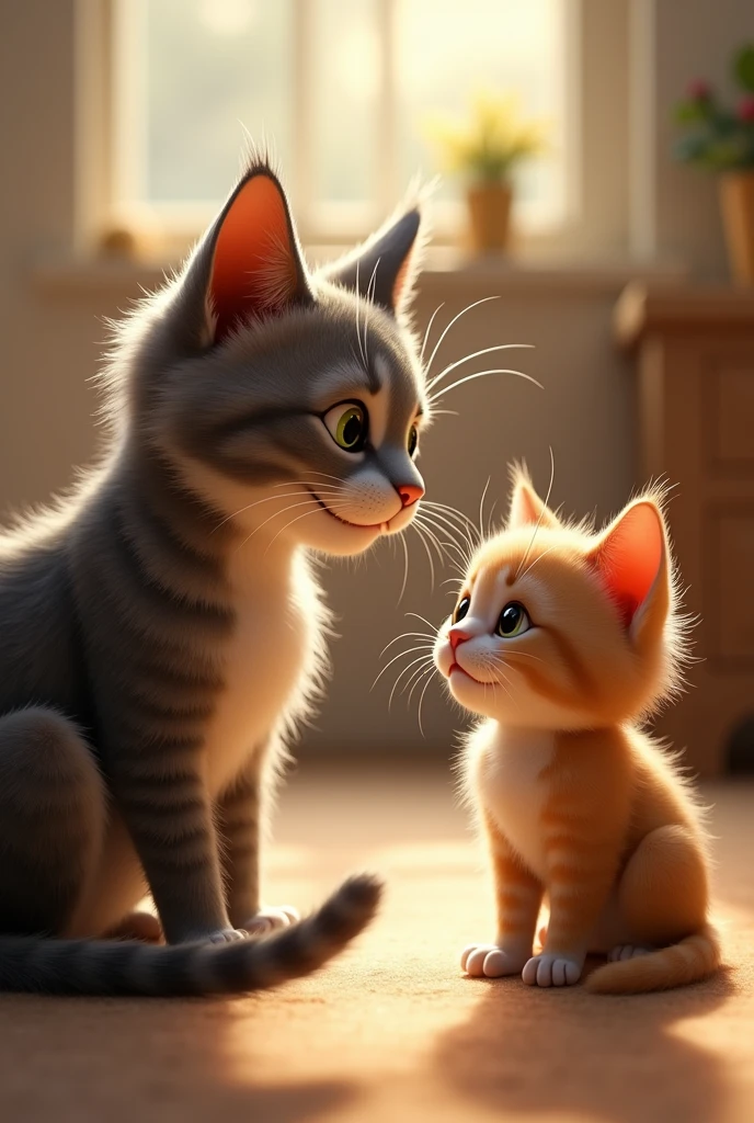 The cat felt sorry for the little sad kitten