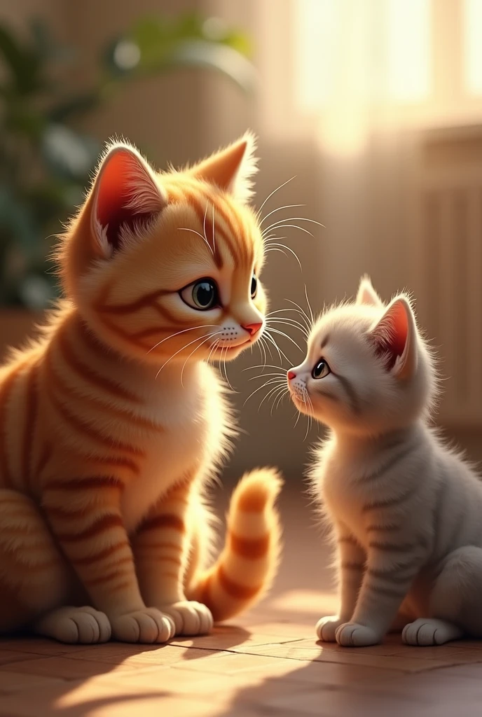 The cat felt sorry for the little sad kitten 