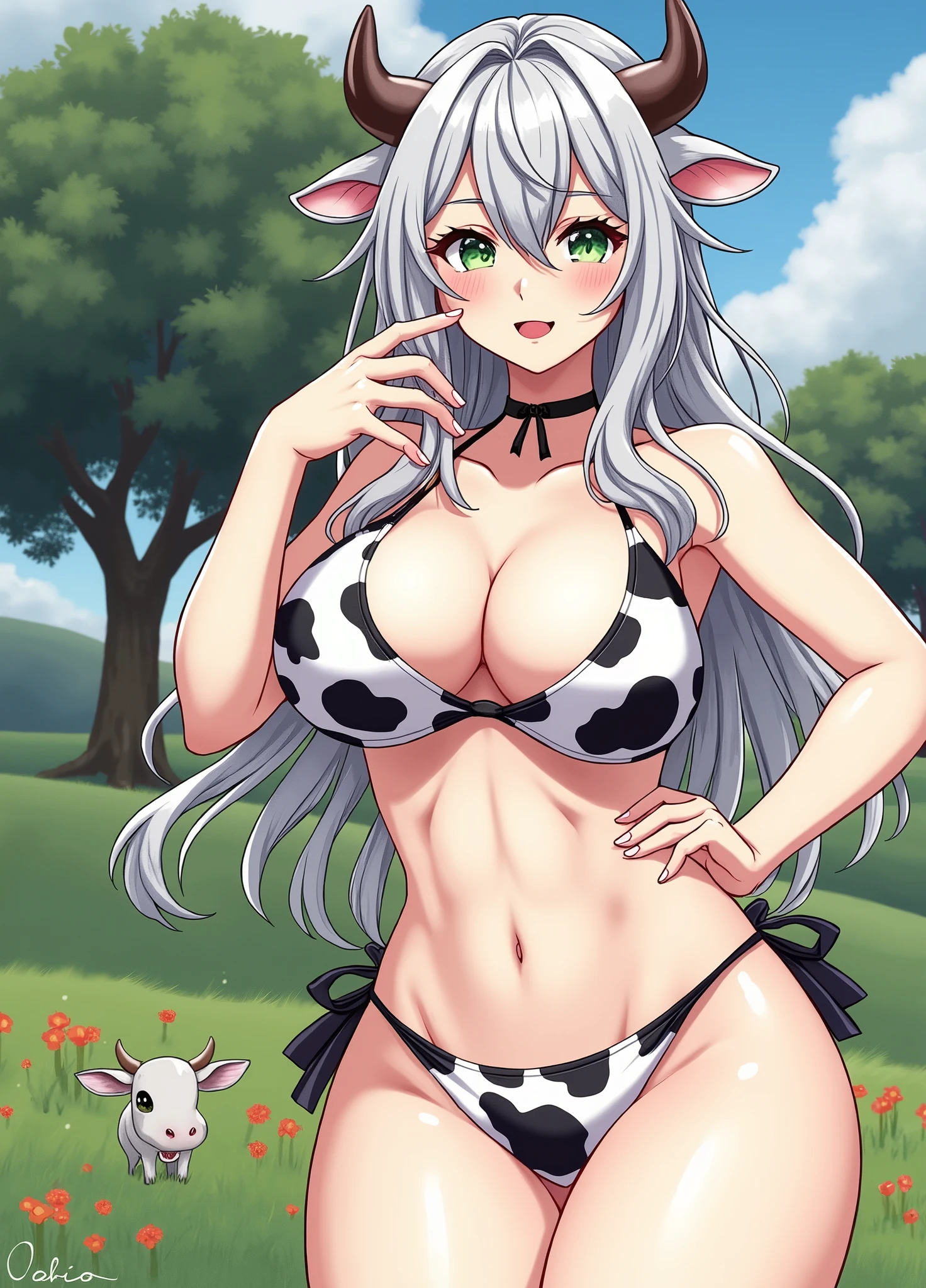 masterpiece,best quality,anime,2d,detailed eyes, 1girl, long hair, solo, butterfly hair ornament, standing, tongue sticking out, eyes rolled back, hands making the peace sign, legs spread, hair between eyes, petals, hair between eyes, butterfly, looking at viewer very long hair, cow bikini, cow leggings, topless, leaking milk, pussy masssive breasts, huge breasts, standing, looking at viewer, huge ass, huge thighs, narrow waist, wide hips, thick thighs, curvy,cleavage, closed mouth, white hair, (colored eyelashes:1.2), flower, black eyes, ,(white eyelashes:1.1)