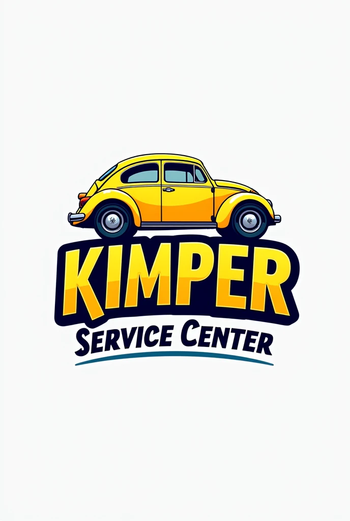 Logo for a lube center and tire shop that says Kimper Cars logo with letters on top of a yellow beetle car . Car on top of the. Letter and small below of Kimper cars that says service center