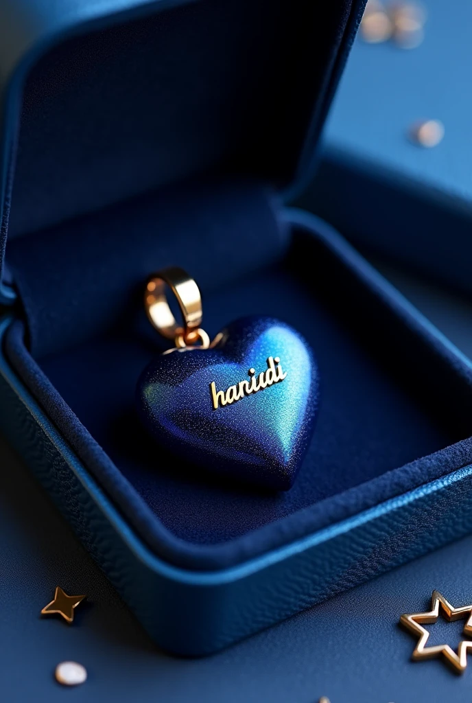 Create a shiny and sparkling dark blue heart-shaped pendant image with a shiny gold plating., personalized with name "HARIADI" engraved in the middle. The pendant is attached to a simple and elegant loop and is presented in a navy blue open gift box with a glossy textured bright blue exterior and a plush interior that matches the color of the box..