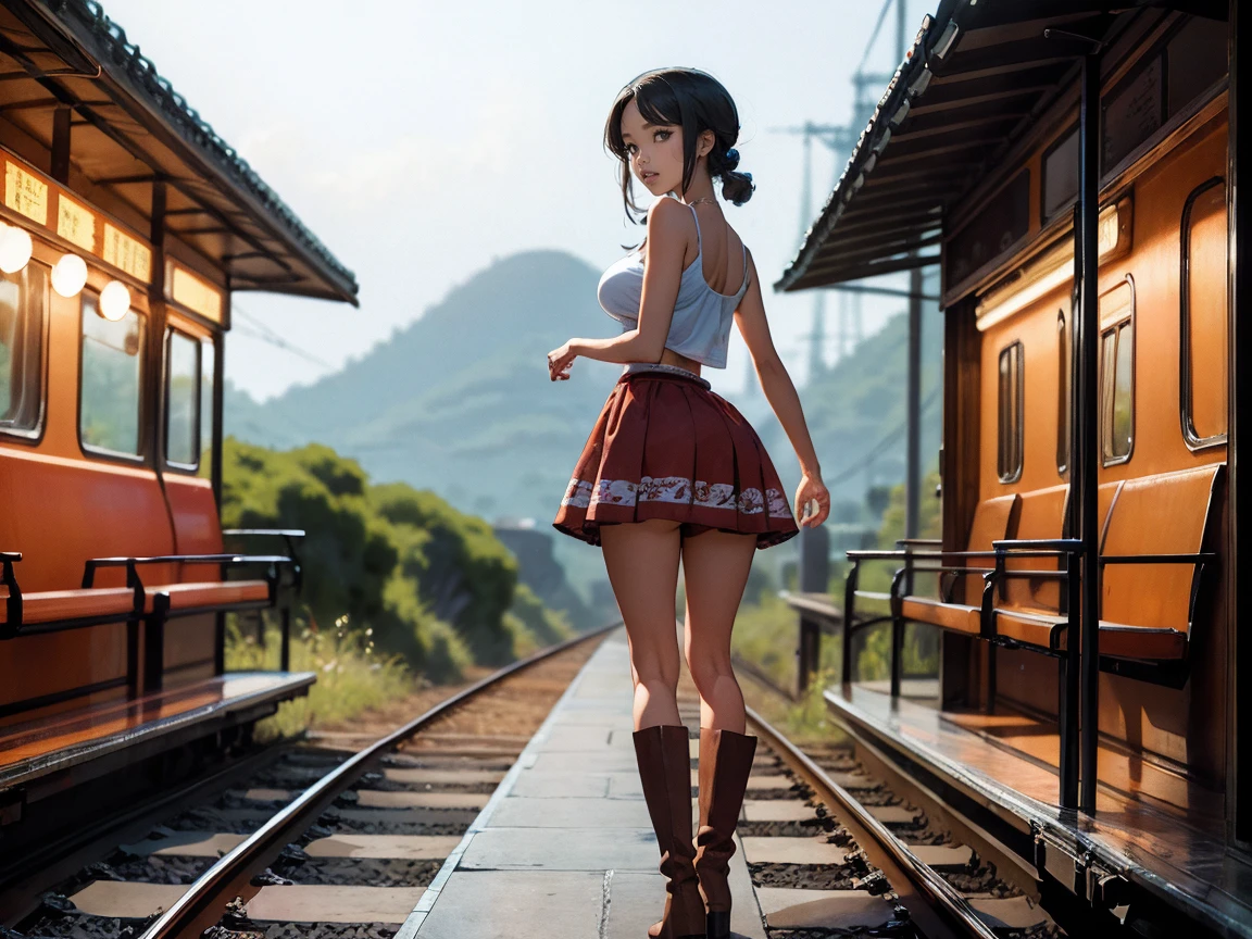 There is a beautiful 1girl standing on the train tracks, train signals, landscape artwork, anime background art, loepfe art, detailed scenery, landscape art detailed, loepfe art style, beautiful anime landscape, made with anime painter studio, background artwork, anime country landscape, Studio ghibli kyoto animation hideaki anno Sakimichan Stanley Artgerm Lau Rossdraws James Jean Marc Simonetti, beautiful art UHD 4 K, anime art wallpaper 8 K, anime landscape, smiling at camera, tank top, mini skirt, boots,very busty