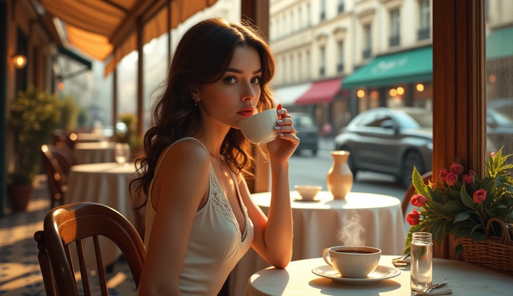 ((Best Quality)), ((masterpiece)), (detailed), beautiful girl drinking coffee (Starbucks) in French cafeteria
