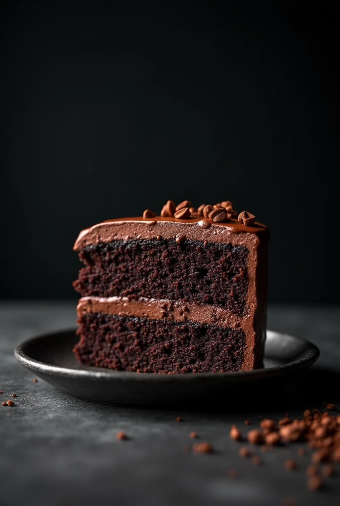 cinematic film still chocolate, chocolate cake, dark background, quality photo, moist texture, frosting, studio photo, slice . shallow depth of field, vignette, highly detailed, high budget, bokeh, cinemascope, moody, epic, gorgeous, film grain, grainy