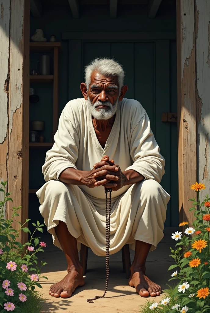 An elderly black man, humpbacked, 90 year old man, dressed in white with rosary in hand, sitting on a stool at the door of a wooden house, flowers and herbs in the background