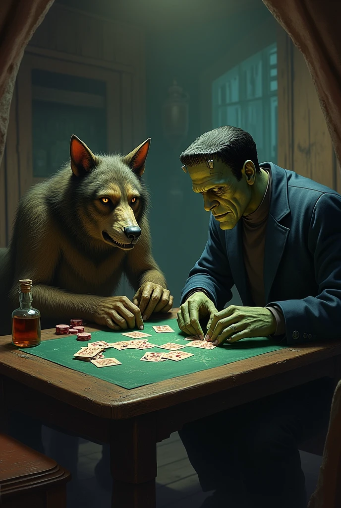 A huge evil wide grinning hyena exposing a set of sharp yellow teeth holding up a playing card in a living room, background shadows, nightmare