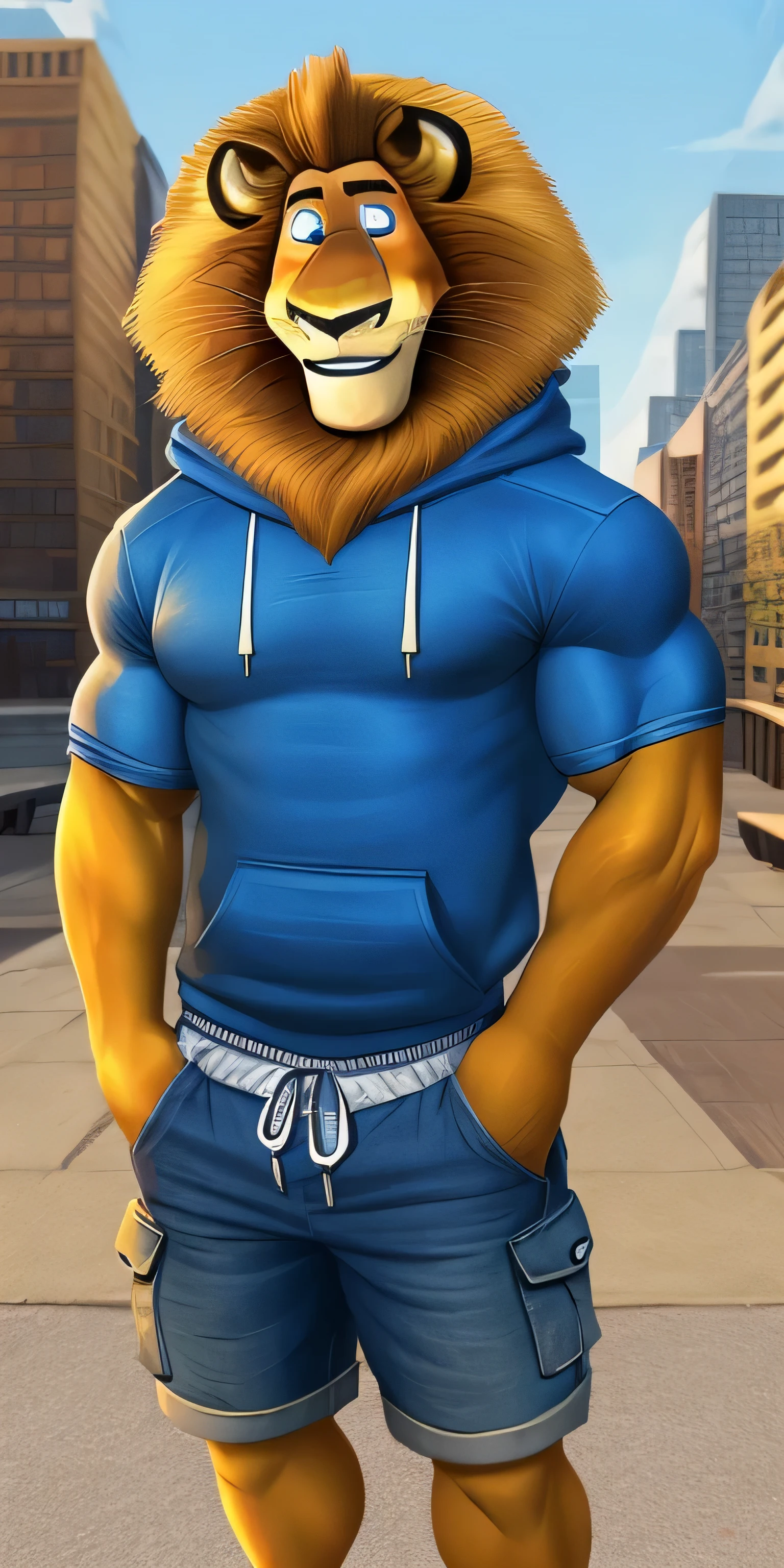 Alex the Lion, muscular body, big biceps, extremely beautiful and cute face, perfectly detailed blue eyes with perfectly detailed pupils, wears blue hoodies, denim cargo shorts, blue sneakers, quay background, selfie, friendly look, smiling, v sign