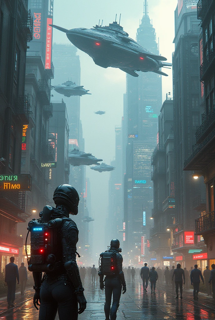 Cyberpunk russian city futuristic lying cars, cyborgs spaceships