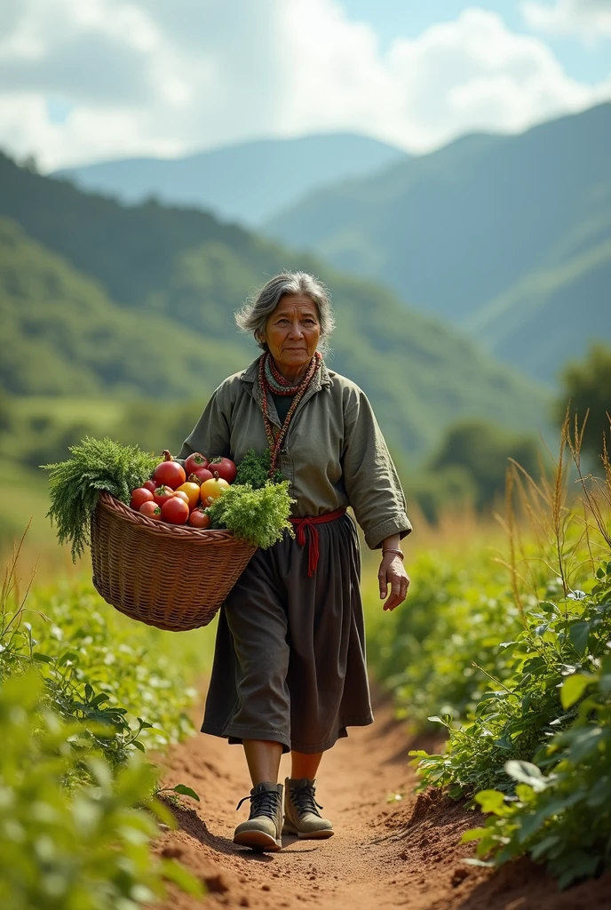 Lady, Peasant, vegetables, On foot, walking, laterally, without looking at the camera, peruvian, bright day, bottomless