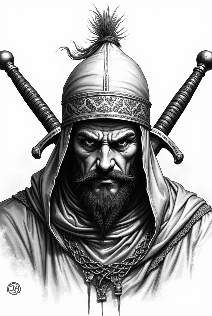 An Ottoman Janissary head with Janissary hat which is aggressive with a long scar over the eye and eyebrow with 2 zülfikar scherter in the background with Islamic takke and sarik behind the head drawn in black and white with a pen