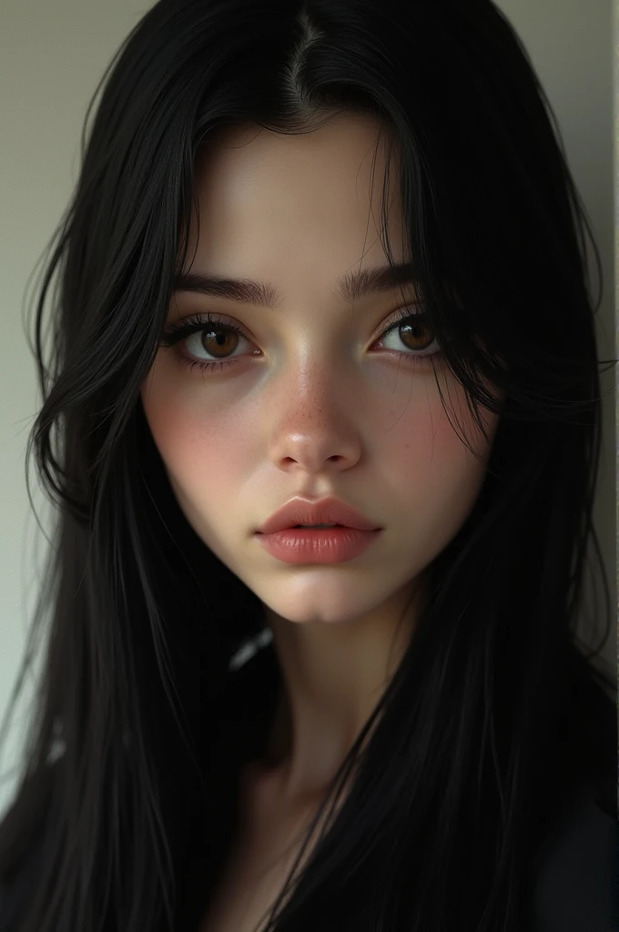 A young woman with a triangular face, caucasiana, with a small, thin nose and a little raised, long straight black hair, striking look with dark brown eyes