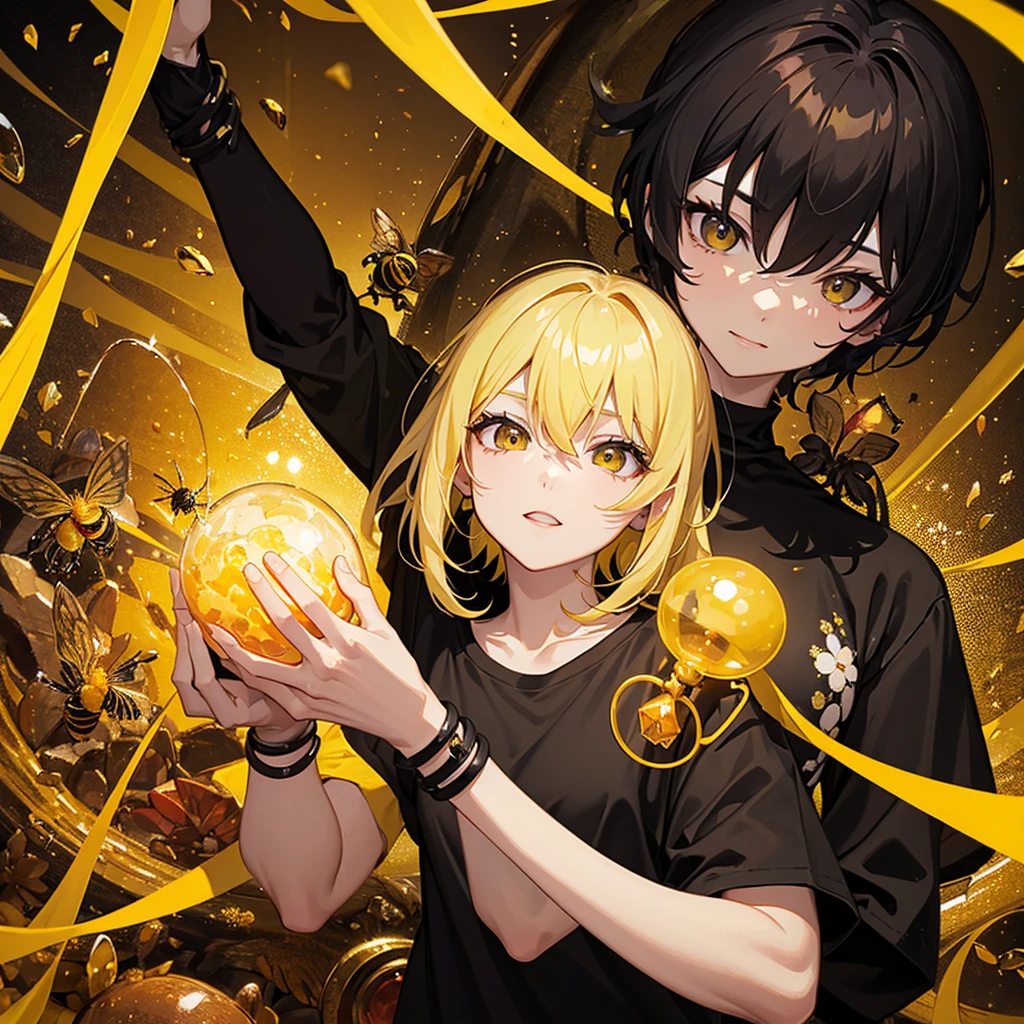 A yellow-haired woman in a black t-shirt holding a bright red gem in her hands and bees around