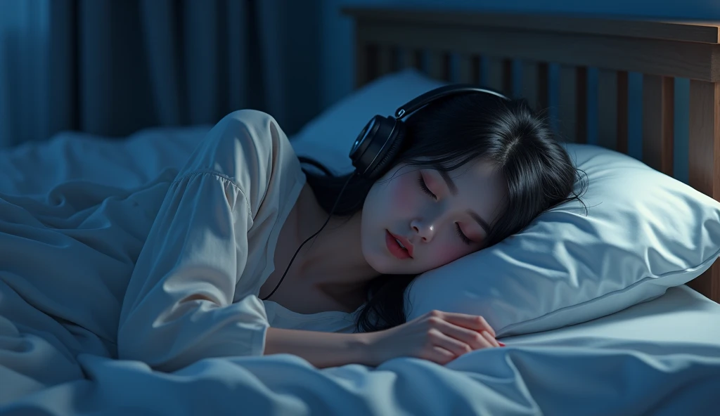 There is a woman sleeping in bed wearing headphones, photorealistic painting inspired by Ayami Kojima, CGsociety Trends, Digital art, realistic art style, with headphones, photorealistic art style, Casual pose, photo-realistic low lighting, photorealistic anime girl rendering, photorealistic 35mm, with headphones, lighting realistic soft