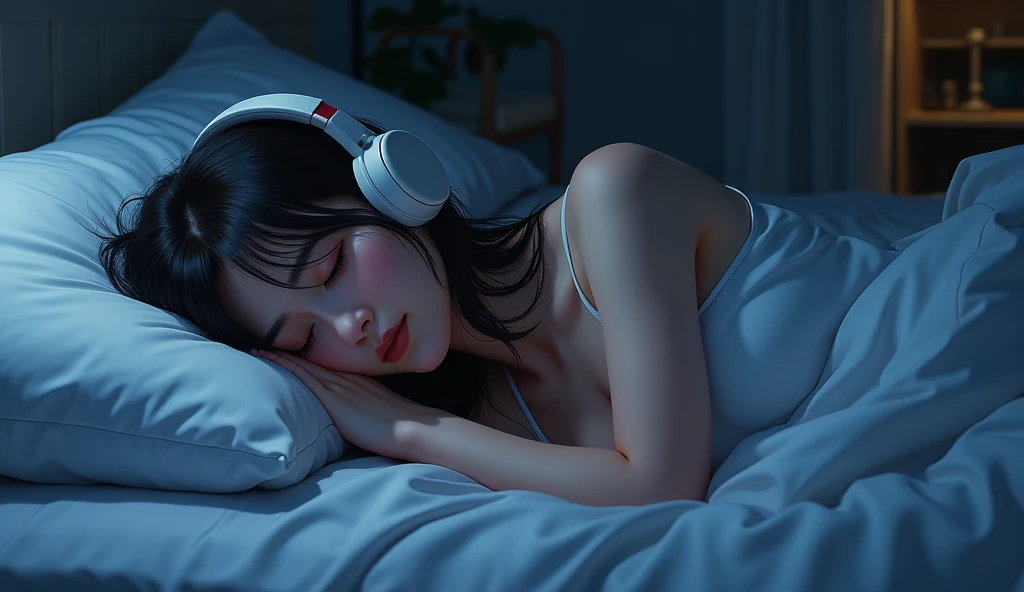 There is a woman sleeping in bed wearing headphones, photorealistic painting inspired by Ayami Kojima, CGsociety Trends, Digital art, realistic art style, with headphones, photorealistic art style, Casual pose, photo-realistic low lighting, photorealistic anime girl rendering, photorealistic 35mm, with headphones, lighting realistic soft