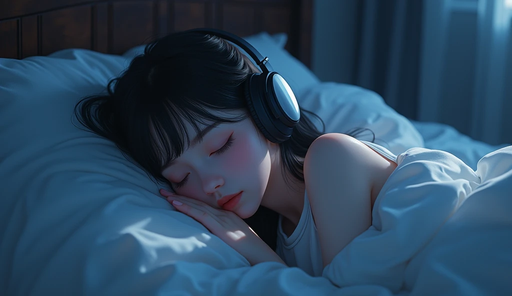 There is a woman sleeping in bed wearing headphones, photorealistic painting inspired by Ayami Kojima, CGsociety Trends, Digital art, realistic art style, with headphones, photorealistic art style, Casual pose, photo-realistic low lighting, photorealistic anime girl rendering, photorealistic 35mm, with headphones, lighting realistic soft