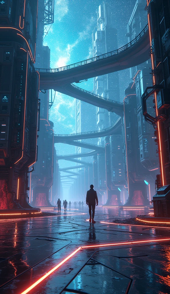 a technological labyrinth in the universe, futuristic sci-fi landscape, ethereal energy fields, glowing neon structures, complex machinery, floating platforms, complex circuits, holographic screens, dynamic lighting effects, cinematic camera angle, digital art, 8k, high quality, photorealistic, intricate details, stunning images, vibrant colors, spectacular lighting, perfect composition in landscape format