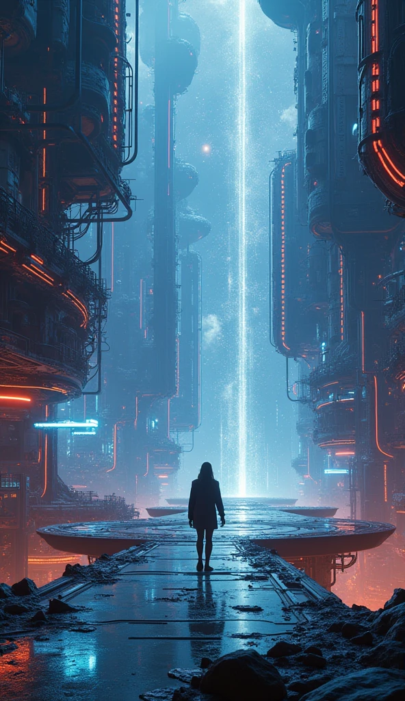 a technological labyrinth in the universe, futuristic sci-fi landscape, ethereal energy fields, glowing neon structures, complex machinery, floating platforms, complex circuits, holographic screens, dynamic lighting effects, cinematic camera angle, digital art, 8k, high quality, photorealistic, intricate details, stunning images, vibrant colors, spectacular lighting, perfect composition in landscape format