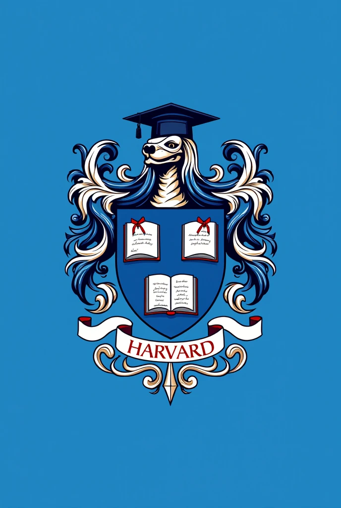 I need a Harvard-inspired school coat of arms, in blue color with books, Sheets, graduation hats and with the name Colégio Estadual Milton Santo