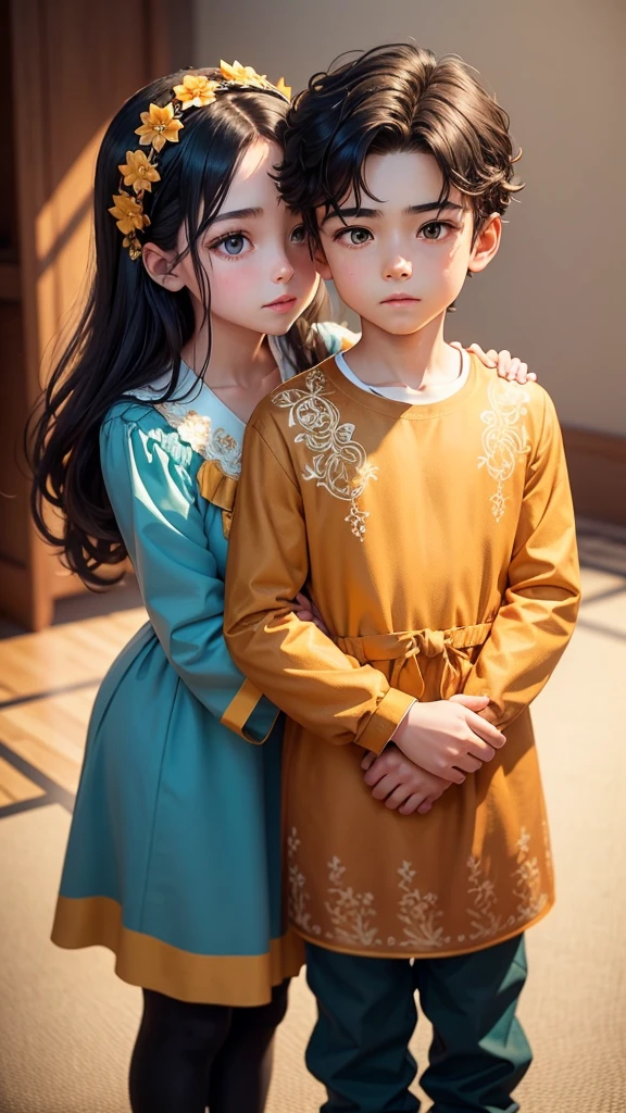 Create an adorable, stylized 3D illustration of a young boy and girl standing close to each other in a loving embrace. The boy has short, neatly combed dark hair and is wearing a stylish blue overcoat with gold buttons over a cream-colored shirt and teal pants, complete with white sneakers. The girl has long, wavy dark hair adorned with a floral hair accessory, and she is wearing a traditional orange and gold embroidered dress with intricate patterns along the hem. They are gazing into each other's eyes with affection, with the boy gently holding the girl's chin. The background should be minimal and dark, focusing on the warmth and love between the two characters. The overall aesthetic should be charming, with a blend of modern and traditional elements."