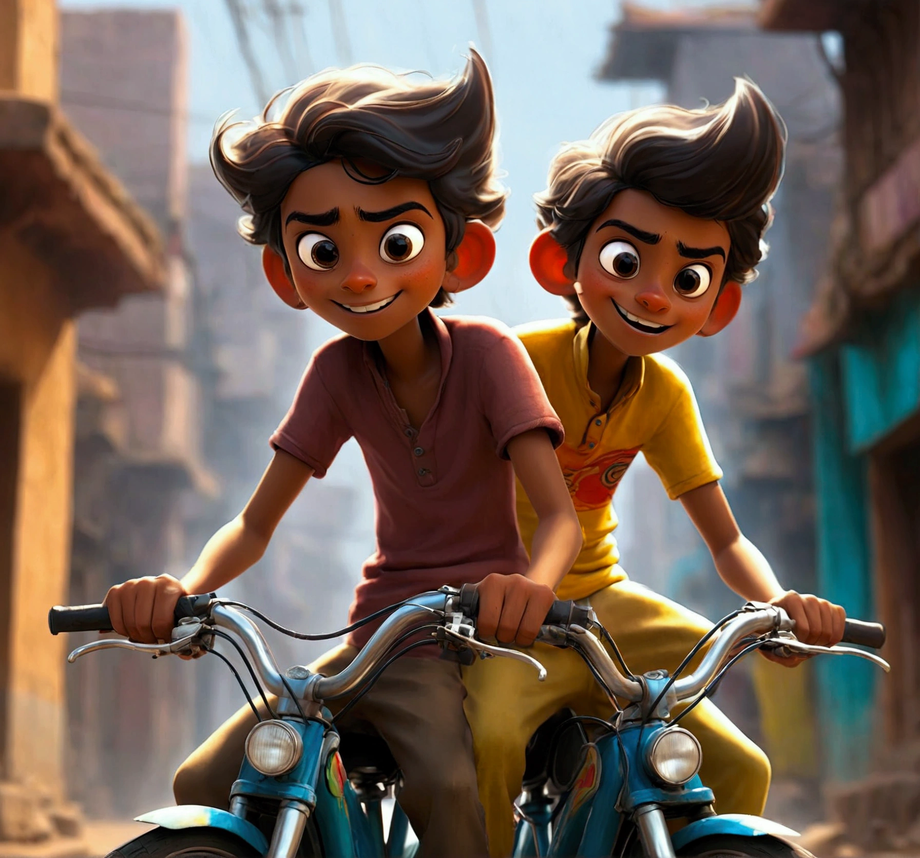 Sunny and the narrator on their bikes: Two young men, Sunny and the narrator, riding their bikes joyfully through the city streets of Latur.