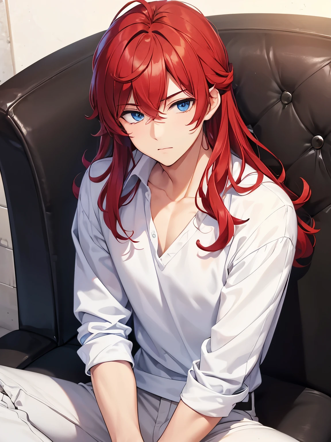 1boy,1 ,cool,middle parted hairstyle,Curly hair, red hair, blue eyes, long hair,handsome,,close up photo, close up photo,Sitting in the shelter, White shirt,black trousers