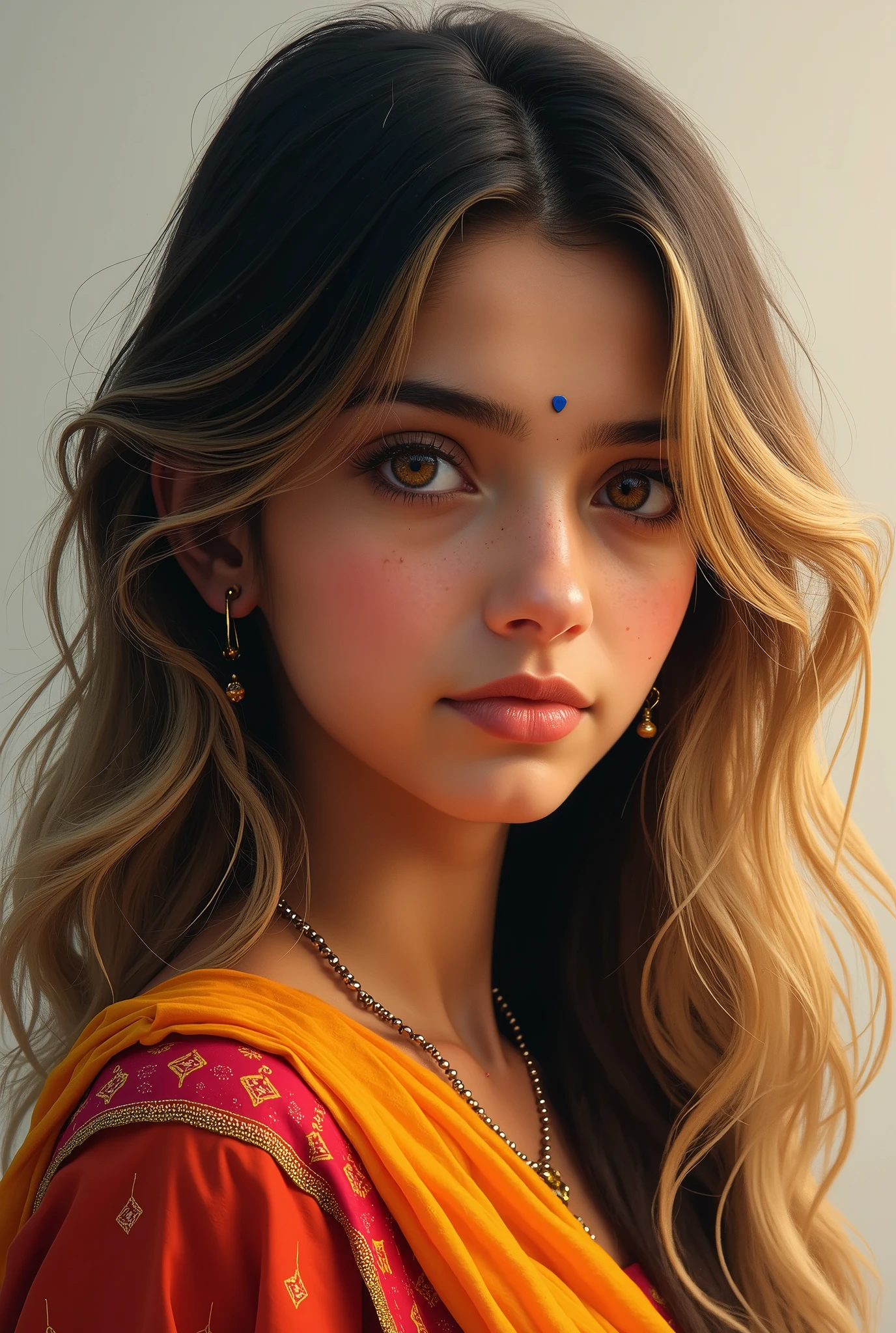 15 years  girl Name Shruti Sharma Eye colour blond Black hair In kurti
