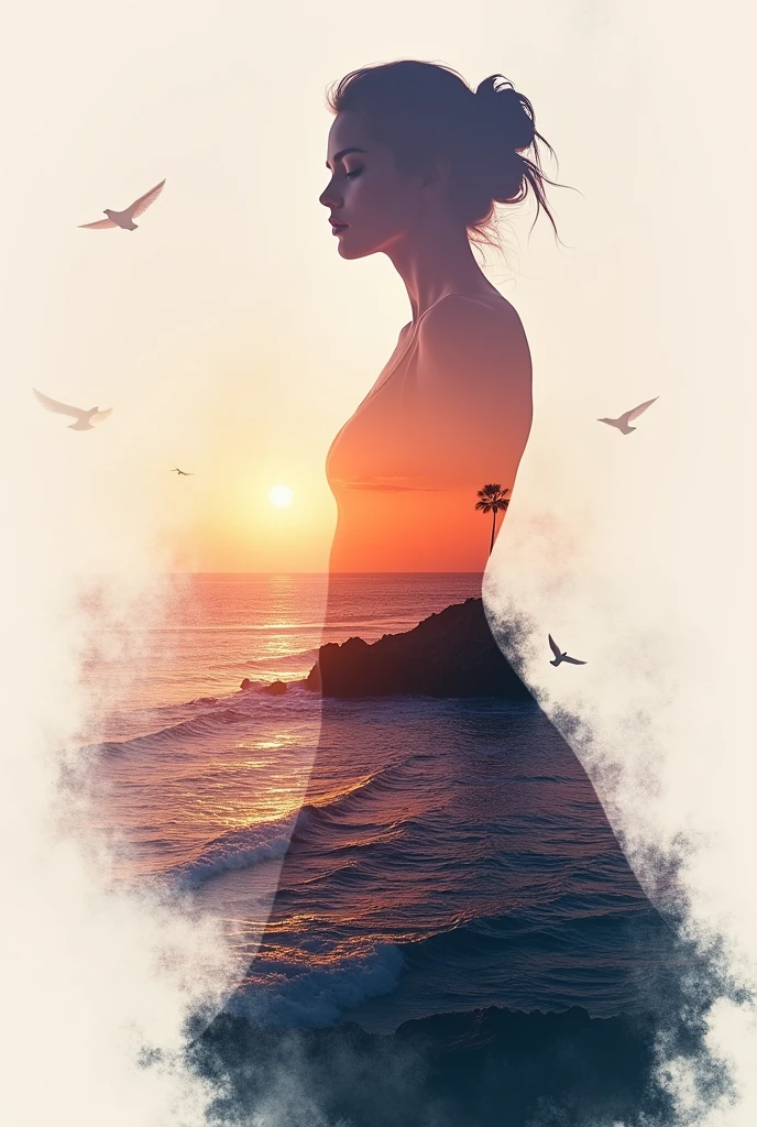 high quality, 8K Ultra HD, A beautiful double exposure that combines an goddess silhouette with sunset coast, sunset coast should serve as the underlying backdrop, with its details incorporated into the goddess , crisp lines, The background is monochrome, sharp focus, double exposure, by yukisakura, awesome full color,