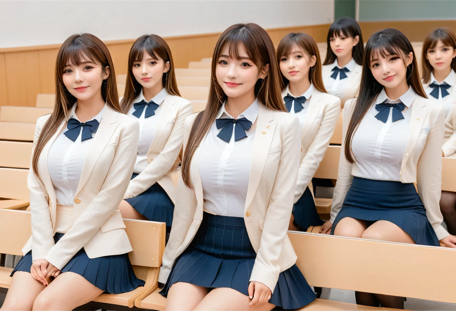 score_9, score_8, score_8up, score_7, Highest quality、masterpiece, group、((White tight collared shirt, blazer、mini skirt, uniform,)), Large Breasts, ((Layered Haircut)), Slim body, Slim face（8k，Highest quality），Shot from medium distances，lecture hall,  Adorable， smile， Long brown hair， 32K, masterpiece， Best image quality，Ultra-high resolution，Perfect hands，Black choker、Almond Eye、bangs、Very thick and long eyelashes, ((Big Breasts))、Students listening to a lecture、A dreamy look、Natural Makeup、They are sitting side by side taking a class