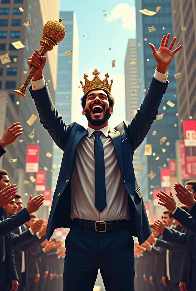 A young indian man in suit who is laughing loudly having a crown on his head and emperor stick in his one hand in air who has made one million in stock market with wall street building in background and have rain of money and people are bowing him full screen 