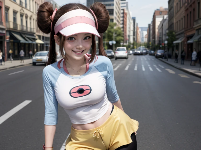 american, rosa pokemon, double bun, solo, 1girl, medium breasts, visor cap, blush, smile, twintails, brown hair, hair bun, long hair, pantyhose, raglan sleeves, yellow shorts, legwear under shorts, double bun, black pantyhose, in a city