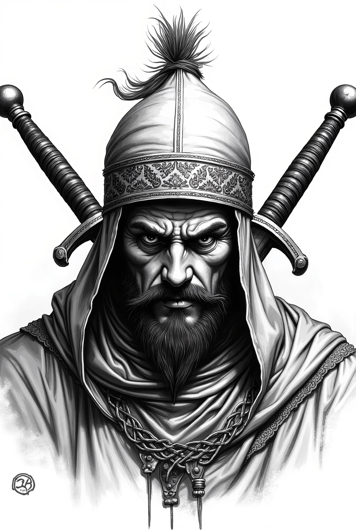 An Ottoman Janissary head with Janissary hat which is aggressive with a long scar over the eye and eyebrow with 2 zülfikar scherter in the background with Islamic takke and sarik behind the head drawn in black and white with a pen