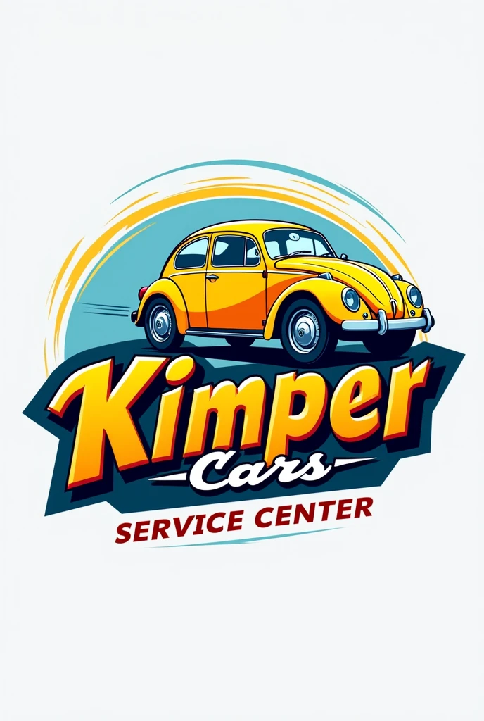 Logo for a lube center and tire shop that says Kimper Cars logo with letters on top of a yellow beetle car . Car on top of the. Letter and small below of Kimper cars that says service center 