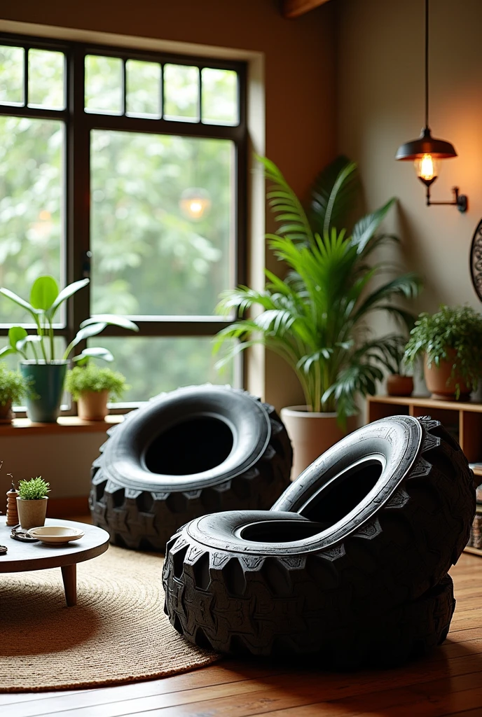 Create a living room with recyclable tire armchairs 