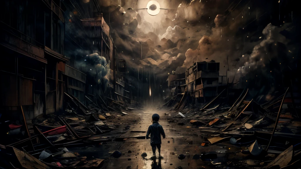 a dilapidated abandoned child at night, rain pouring down, wet, dark cloudy sky, smoke and dirt, atmospheric lighting, cinematic mood, dramatic shadows, gritty realism, award winning composition, hyper detailed, intricate details, photographic quality, professional photography, masterpiece