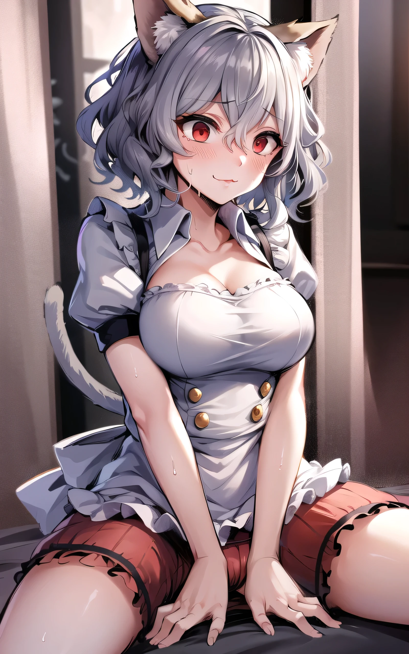 masterpiece, Highest quality, High resolution, Neferpitou 1, Gray Hair, Cat ear, (Feline tail:0.6), alone, short hair, Red eyes,  Hair between the eyes, :3, Curly Hair, Striped, Cat girl,Frilled Skirt,Puffy short sleeves、Maid clothes, Place your arms behind your back, Mischievous face、Pussy、Thick white love juice、Drip a large amount of love juice、orgasm、Background Nature、Intense masturbation、Intense masturbation、blush、Embarrassed expression、Sweat、Pleasure、Spread your legs、Spread your legs、orgasm、Pee、incontinence、Pussyに指を入れる、sexual behavior、Sex、Big Breasts、Lacy white panties