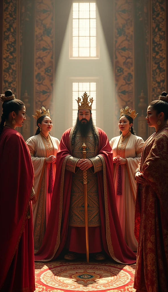 **Photo Scene Prompt for SeaArt.AI Captured with a Canon EOS 5D Mark IV: Genghis Khan Overseeing His Daughters**
*Scene Setup:* The scene is set in a grand royal hall, with Genghis Khan standing tall and proud at the center. His daughters, dressed in elegant, ornate royal attire, surround him. The background features intricate tapestries and regal architecture, hinting at the wealth and power of the Mongol Empire.
*Lens and Focus Settings:* Using a Canon EOS 5D Mark IV with a 50mm f/1.8 lens, the focus is sharp on Genghis Khan and his daughters, capturing the fine details of their attire and expressions. The background is softly blurred (using an aperture of f/1.8), ensuring the central figures stand out prominently.
*Lighting and Mood:* The lighting is warm and soft, with gentle sunlight streaming through large windows, highlighting the richness of the fabrics and the metallic sheen of the crowns and scepters. The mood is one of authority and reverence, emphasizing the power dynamics within the scene.
*Character Details:* Genghis Khan is depicted in traditional Mongol robes, exuding authority and strength. His daughters are adorned in royal gowns, each holding a symbol of power—such as a crown or scepter—indicating their rule over different kingdoms. The Canon EOS 5D Mark IV captures the intricate embroidery and jewelry with sharp detail.
*Final Touches:* The color palette is rich with deep reds, golds, and earth tones, creating a regal and historic atmosphere. The final image evokes a sense of grandeur and the powerful legacy of Genghis Khan’s family.