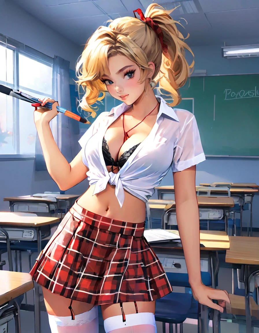 a beautiful 20 year old blonde woman with big messy hair, side ponytail, in a short red plaid skirt, white stockings, transparent white dress shirt tied up in a knot, cleavage, navel, classroom setting, rossdraws cartoon vibrant, cute detailed digital art, colorfull digital fantasy art, digital fantasy art ), glossy digital painting, rossdraws pastel vibrant, rossdraws 2. 5, rossdraws 1. 0