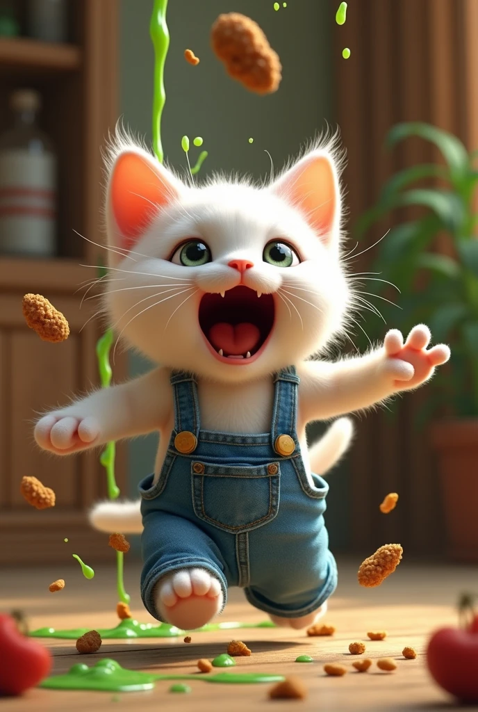A muscular white cat in a denim outfit screams in surprise, with green liquid and brown food particles erupting from his mouth. The vibrant mess is suspended in the air, set against a cozy room with wooden furnishings and warm lighting. His wide eyes and open mouth convey extreme emotion, highlighting the chaotic scene.