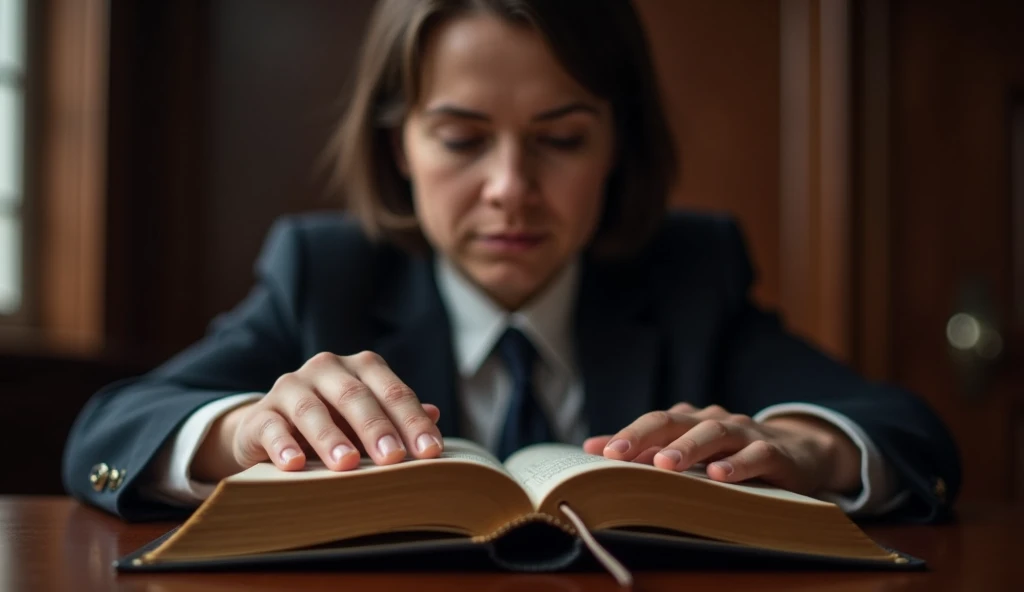 "A close-up of a person's hand on a Bible in a courtroom setting, with a determined and sincere look on their face, symbolizing honesty and integrity, ar 16:9"