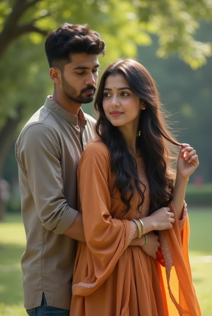 Bangladeshi adult girl and adult boy are sitting in a university yard,the girl are playing with her hair and the boy watching her from behind in a loving way,the girl also blushing , the girl wearing selwer kamiz and the boy wearing shirt pant . The girl is looking at the camera, she's posing like hand in on her hair and the boy is watching her from behind and it's look so realistic